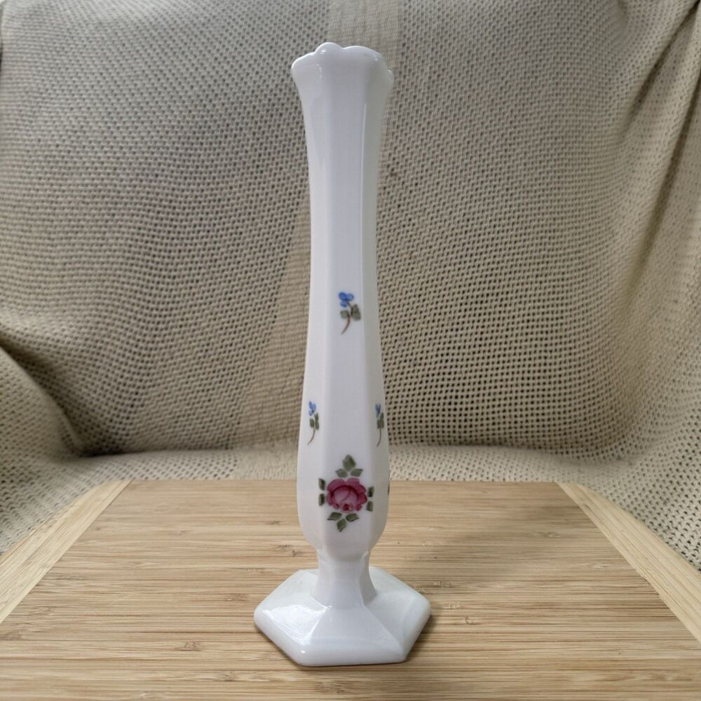 Vintage 60s Hand Painted Milk Glass Bud Vase 9" Hexagonal Base Pink Rose Floral